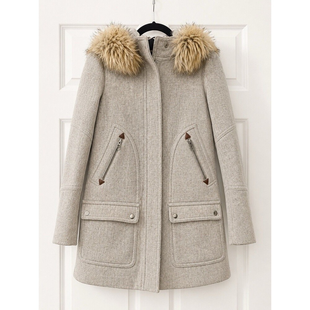 J.Crew Parka Wool Winter Coat Faux Fur Hood Gray Size 0 EUC